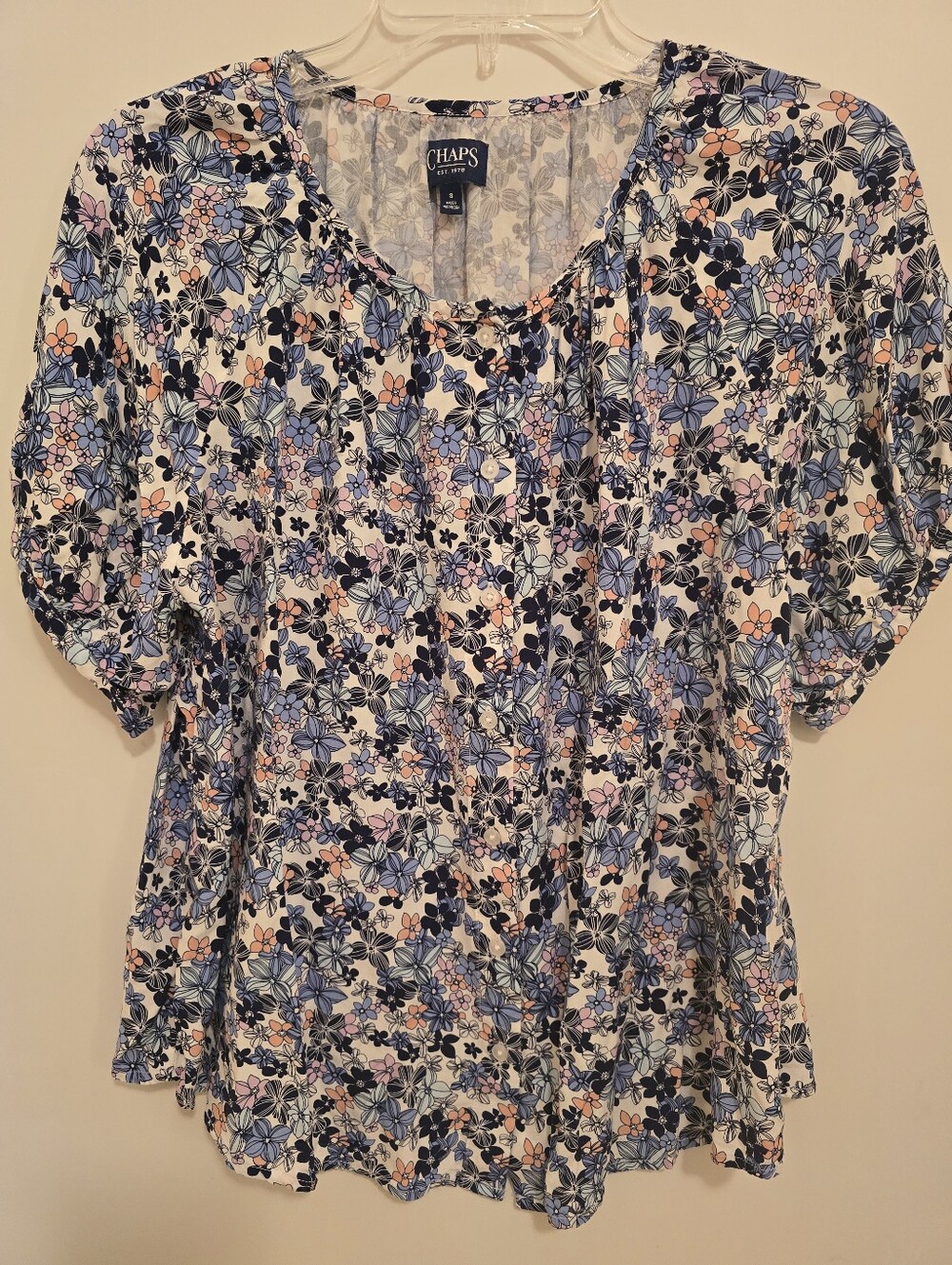 Chaps Floral Short Sleeve Lightweight Button Down Blouse in Blue and Pink